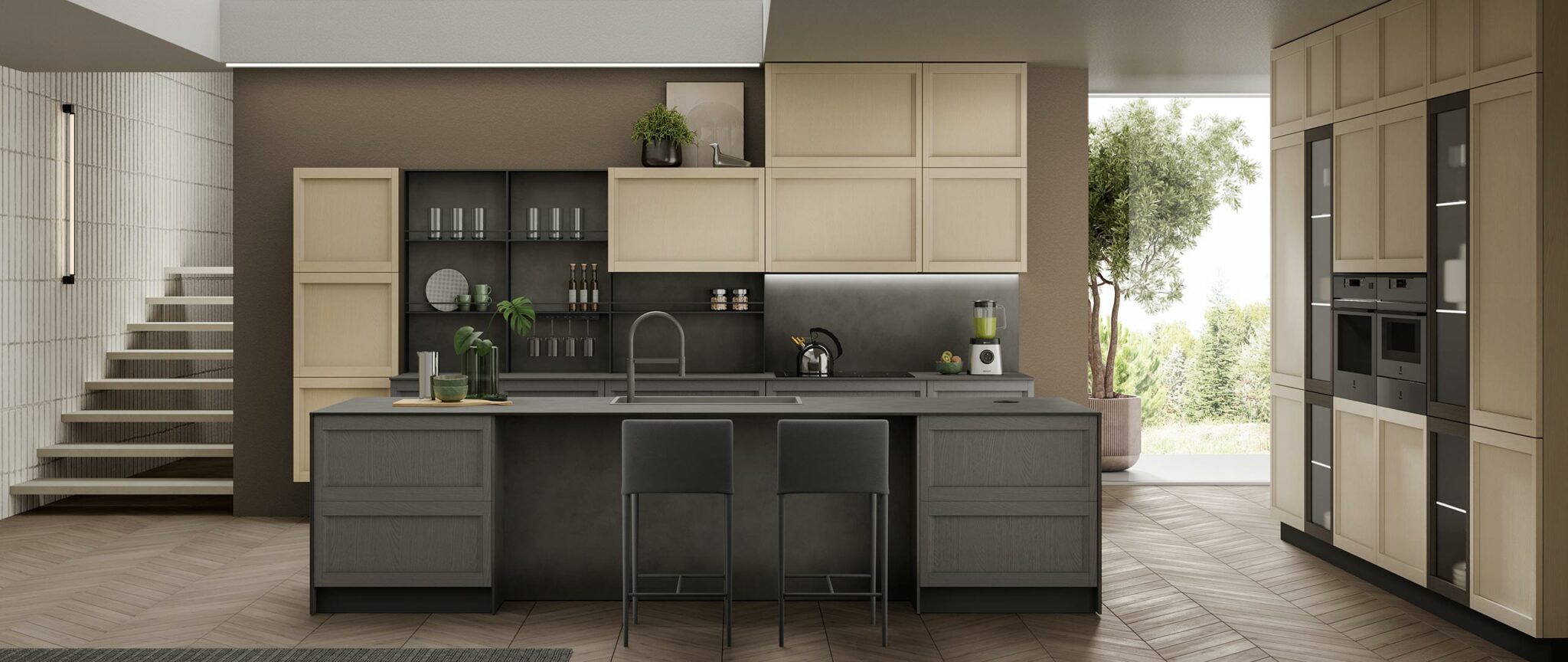 01 cucina moderna maniglia integrata grigio avena lea 2048x864 1